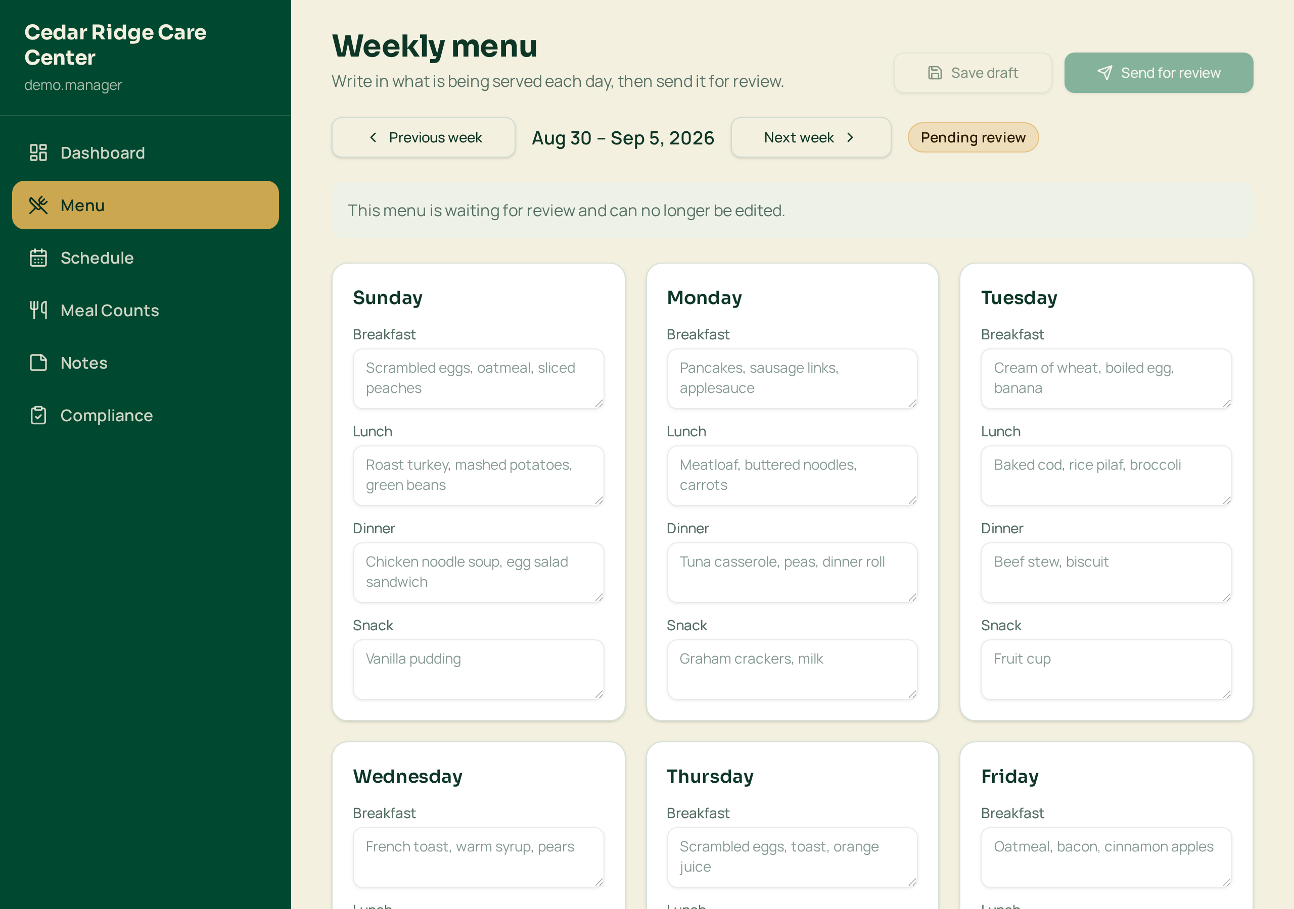 MealCare weekly menu builder grid with breakfast, lunch, dinner and snack for each day