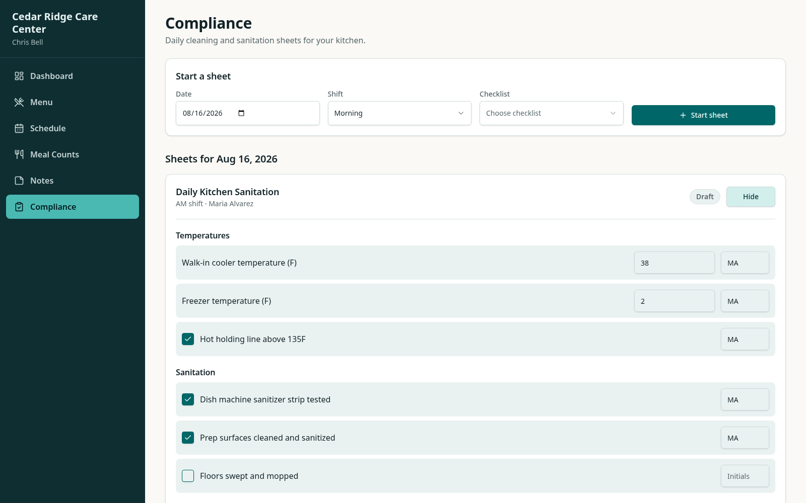 MealCare kitchen compliance checklist with sanitation items, temperature values and initials