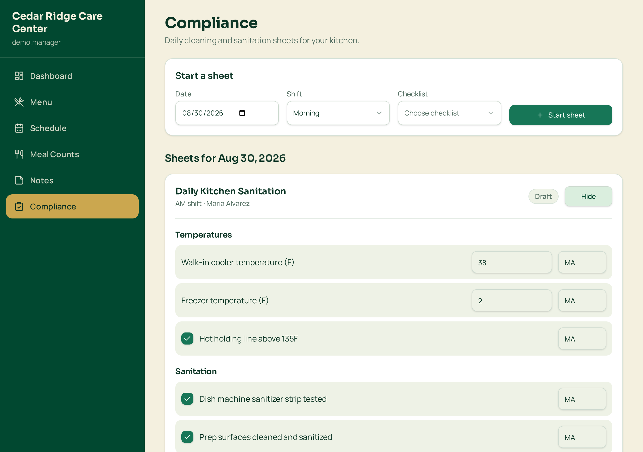 MealCare kitchen compliance checklist with sanitation items, temperature values and initials
