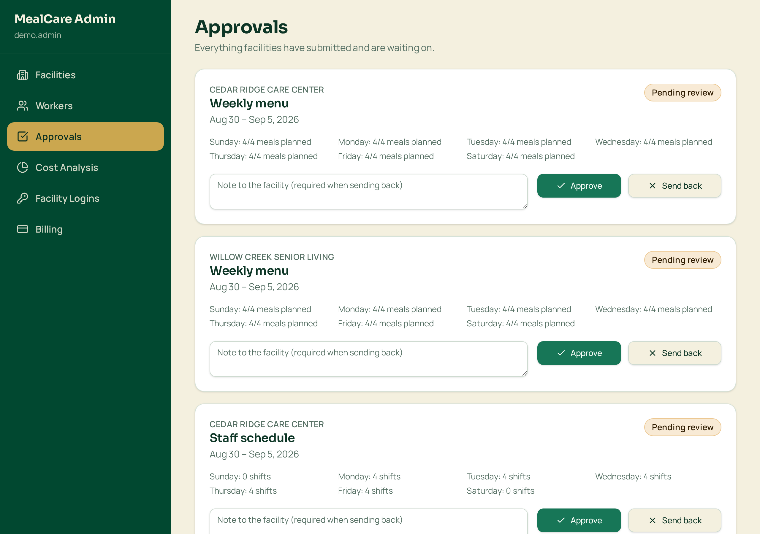 MealCare admin approvals queue listing pending menus, schedules and cleaning sheets