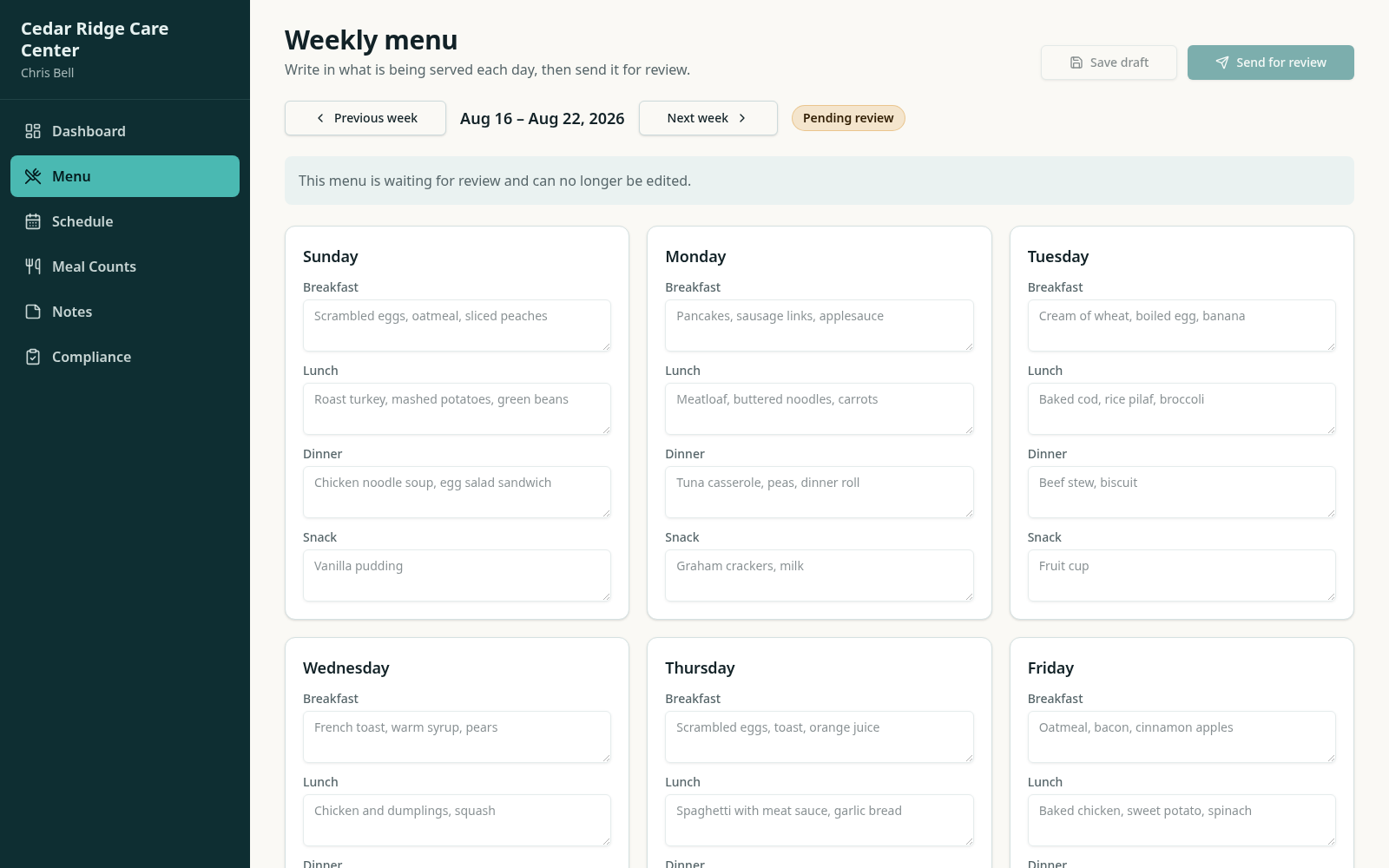 MealCare weekly menu builder grid with breakfast, lunch, dinner and snack for each day